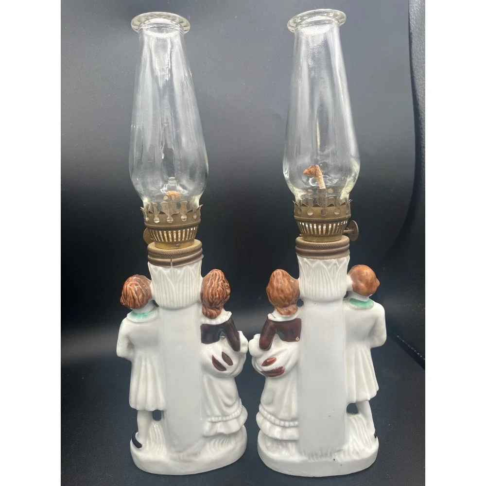 Vintage Pair Japan porcelain oil lamps mid century‎ Mantel Man/Women